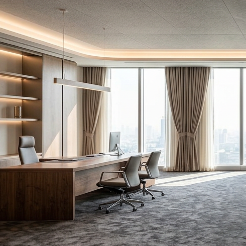 Executive office with large windows, desks, chairs, and banner reading INNOVATION DRIVES SUCCESS