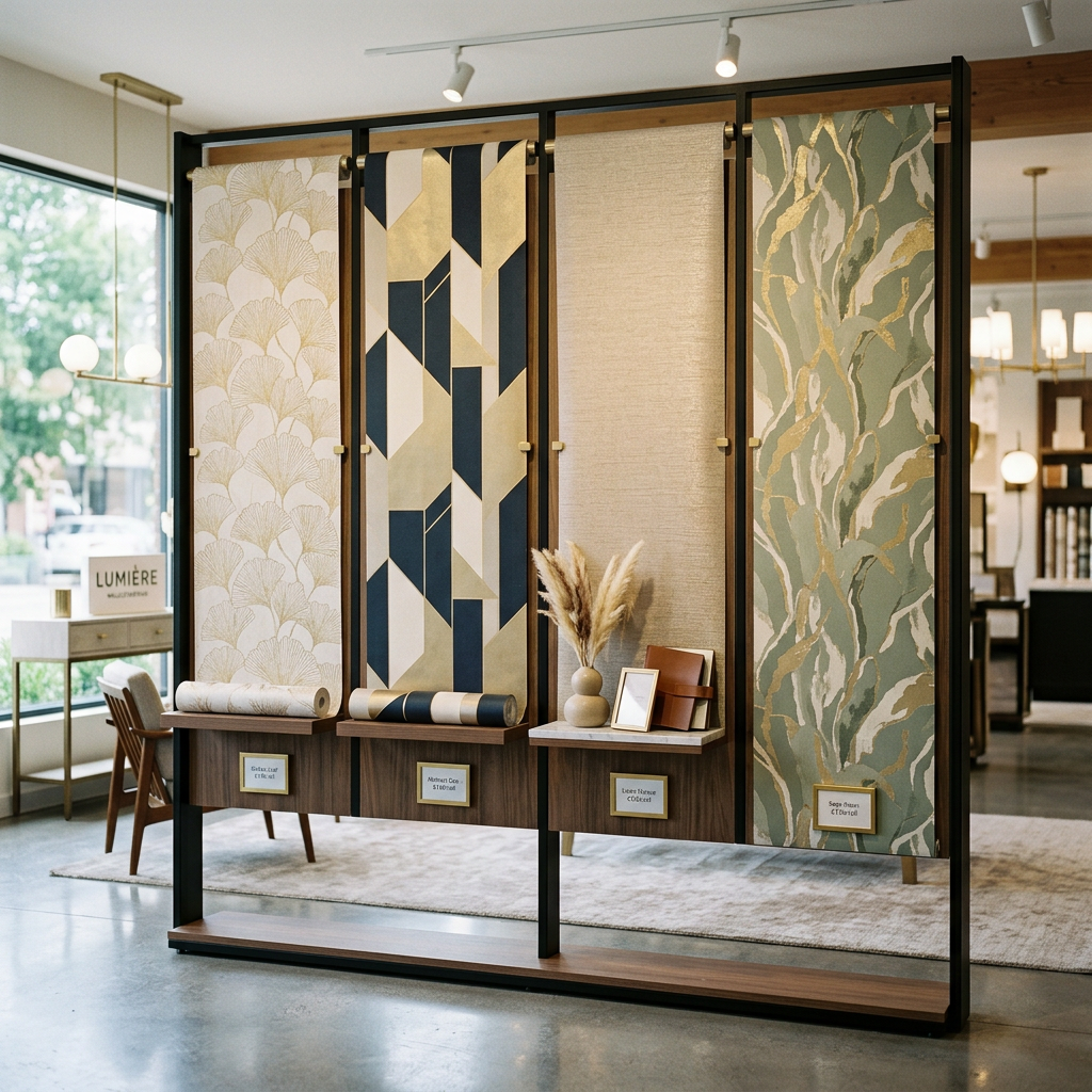 Four vertical wallpaper rolls with different elegant patterns displayed on a stand in a showroom.