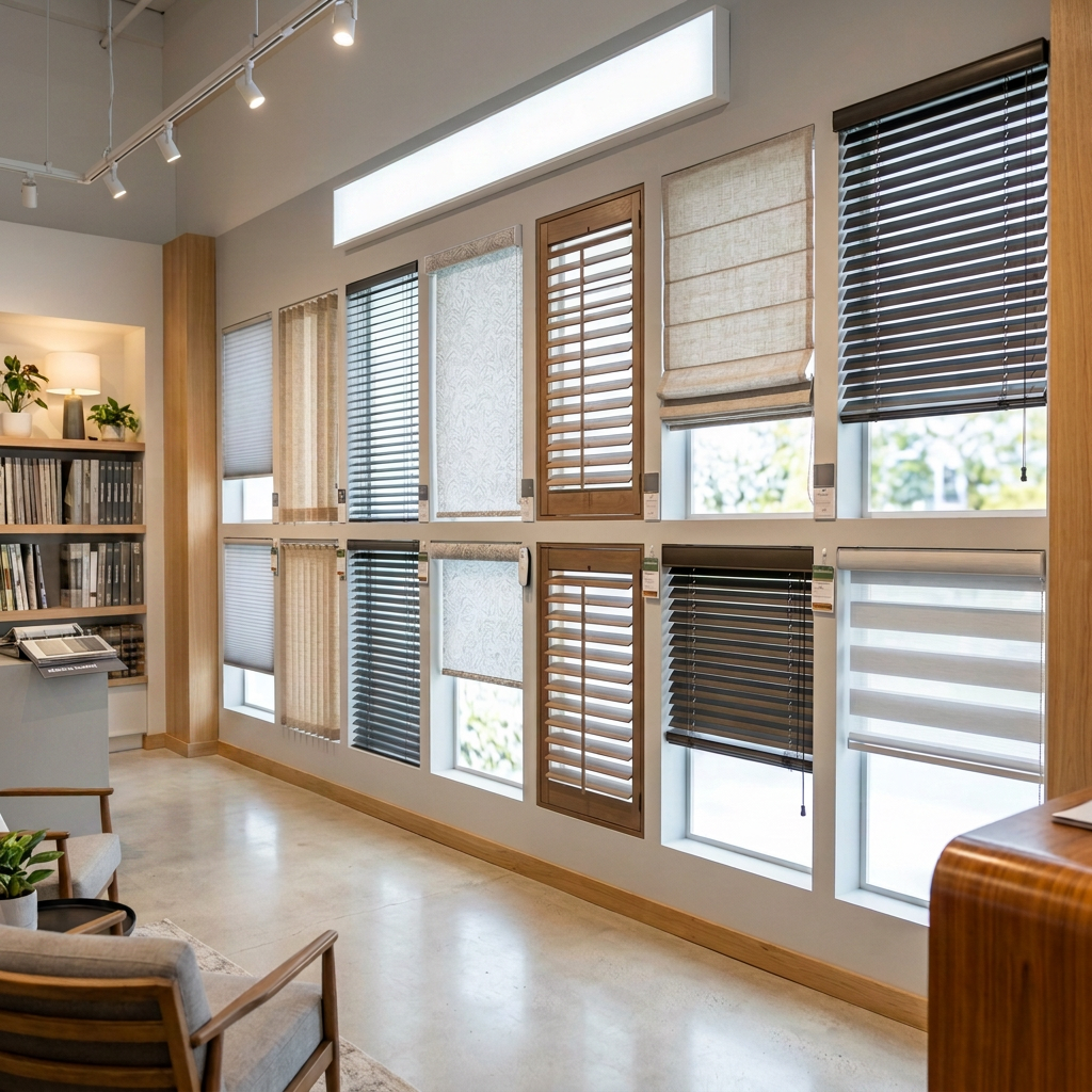 Contemporary window blind showroom display Couple examining window blind samples in a modern showroom