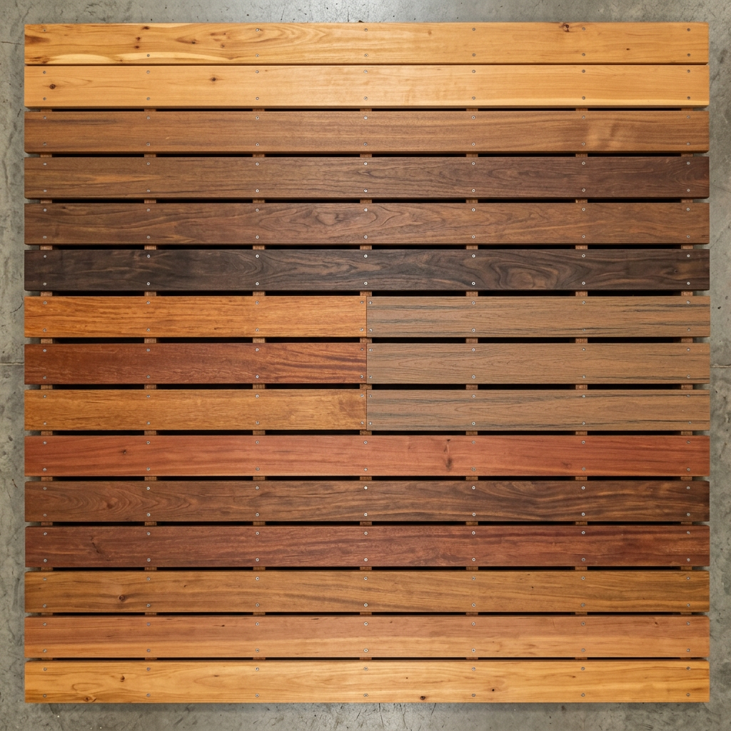 Wood decking samples labeled Cedar, Ipe, Tigerwood, Cumaru, and Redwood with price and size information