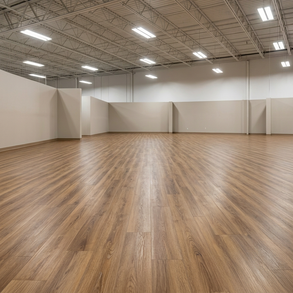 Vinyl rolls and boxed flooring products displayed on shelves in a store aisle